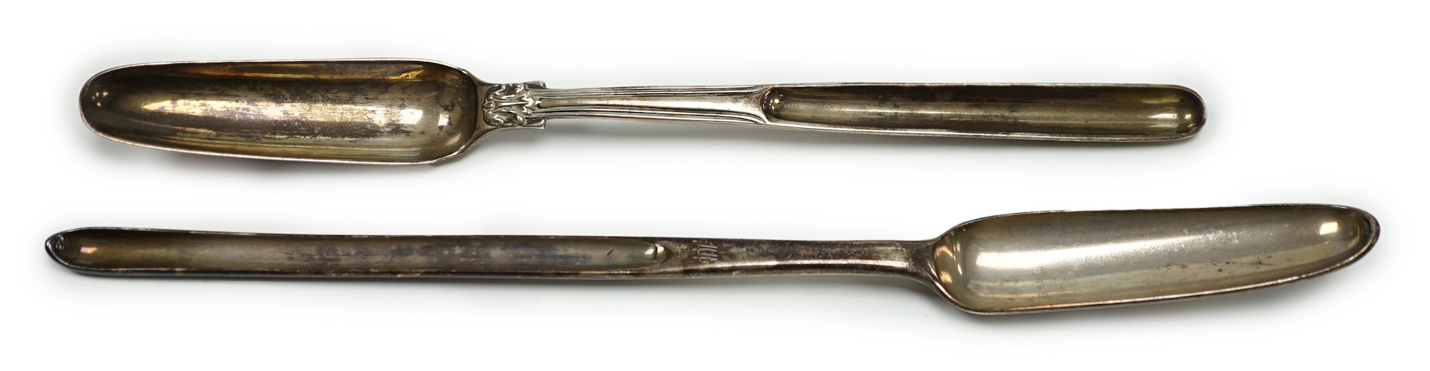 A George III silver marrow scoop, Jacob Marsh, London, 1774, 24.9cm and a George IV silver thread and shell pattern marrow scoop, William Eaton?, London, 1825.